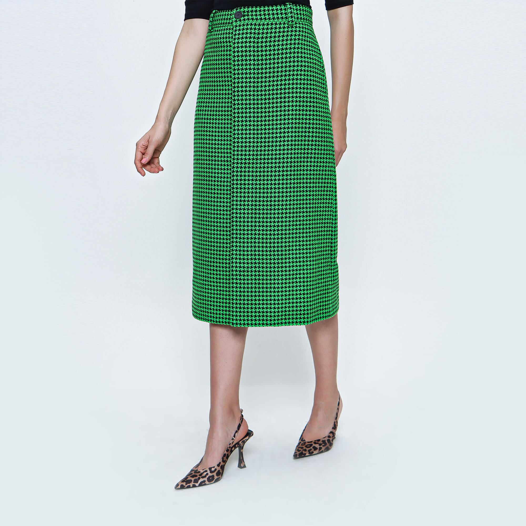 Balenciaga - Green Wool Checked Midi Skirt 